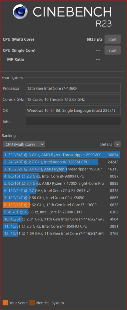 CineBench R23 for Samsung Galaxy Book 3 Pro Laptop