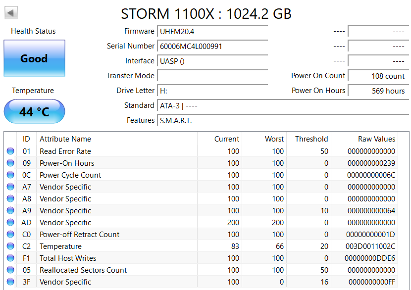MiPhi Storm 1100X CrystalDiskInfo