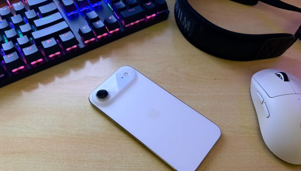 Rear view of iPhone 17 Air showing minimalist camera setup and titanium finish.