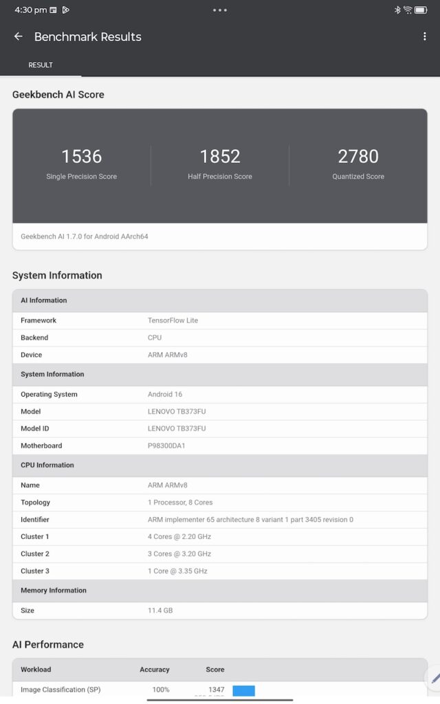 Lenovo Idea Pad Pro Geekbench AI