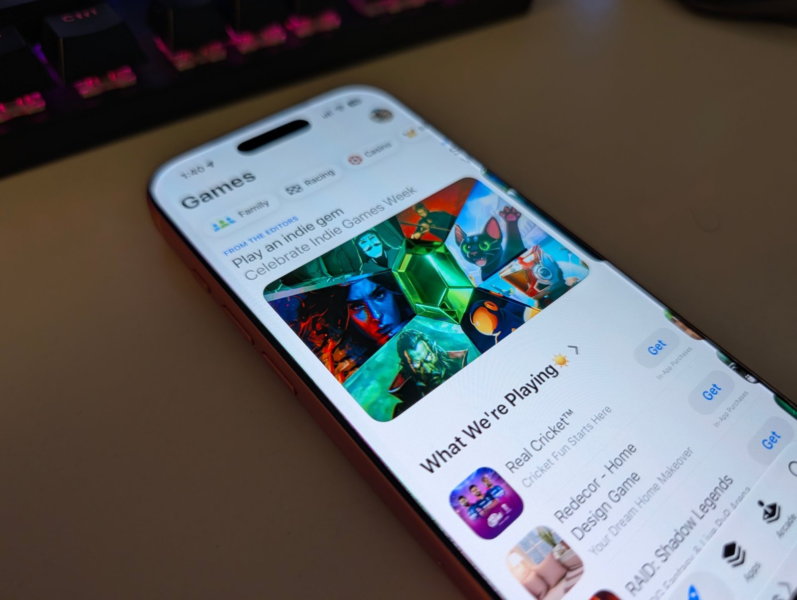 App Store From the Editors card on iPhone reading Play an indie gem, Celebrate Indie Games Week
