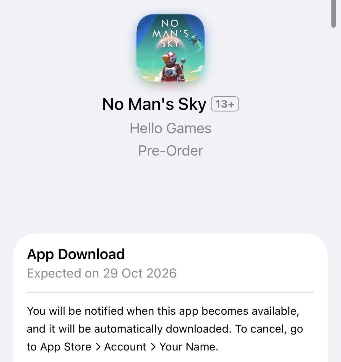 No Man's Sky pre-order page on the Indian App Store showing an expected download date of 29 Oct 2026